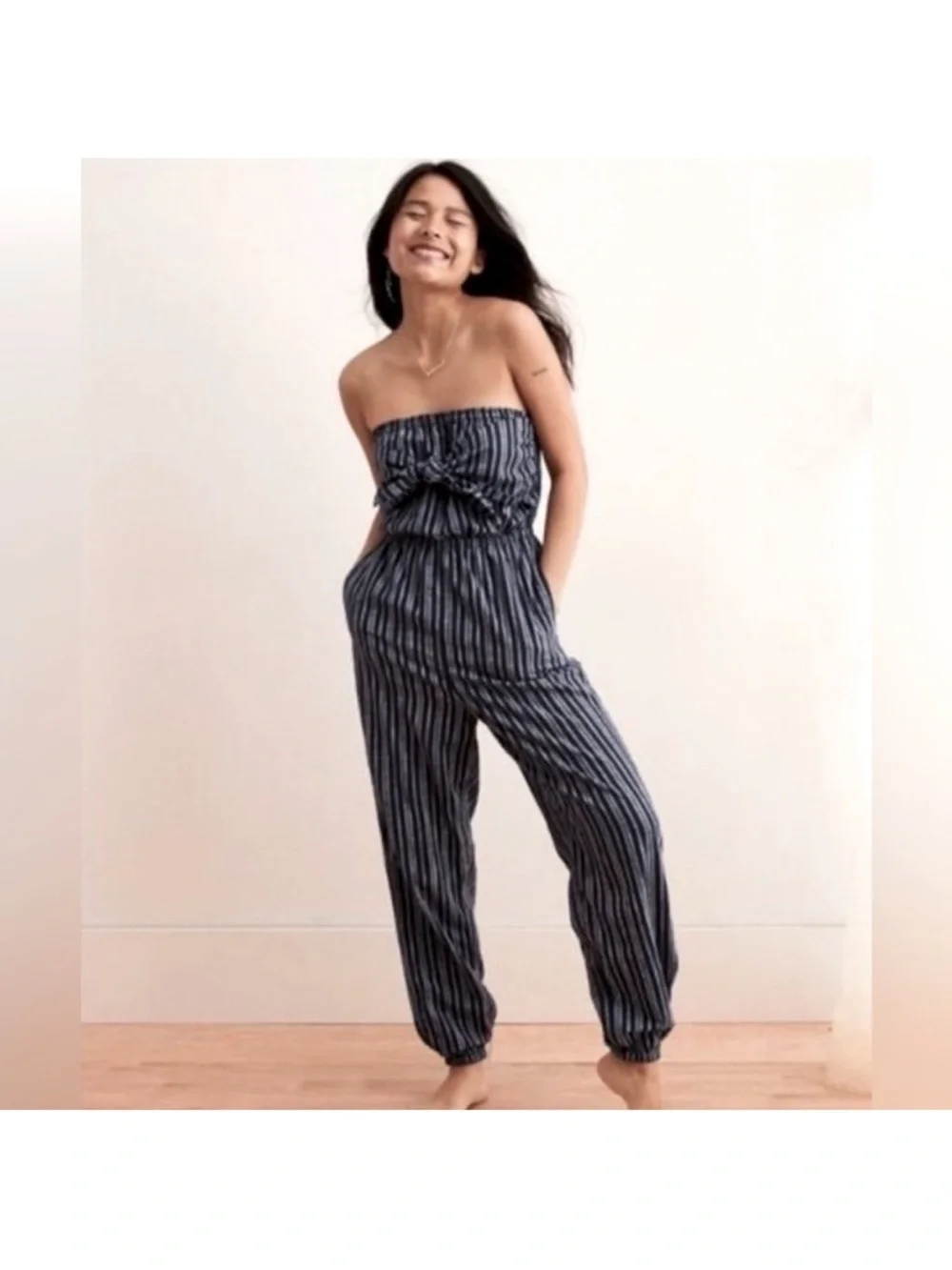 Aerie Small Tie Front Blue Striped 100% Cotton Strapless Jumper Romper